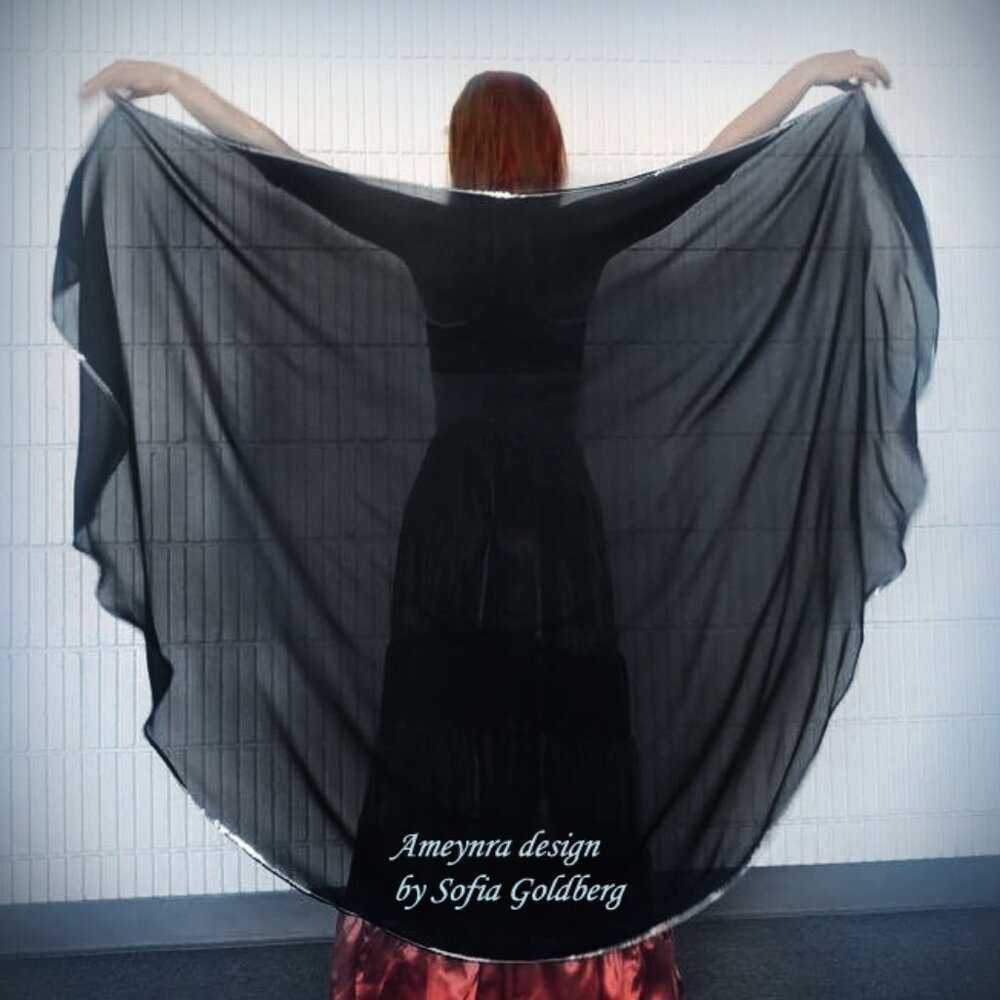 Black Chiffon Veil for Belly Dance. With silver sequins! Half Circle. New